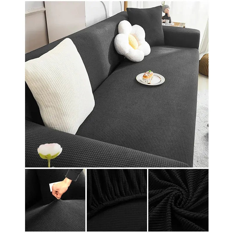 Elastic jacquard sofa cover for L-shaped sectional in black fabric; fits 1-4 seat