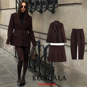 KONDALA burgundy three-piece women's suit set with blazer, skirt, and pants