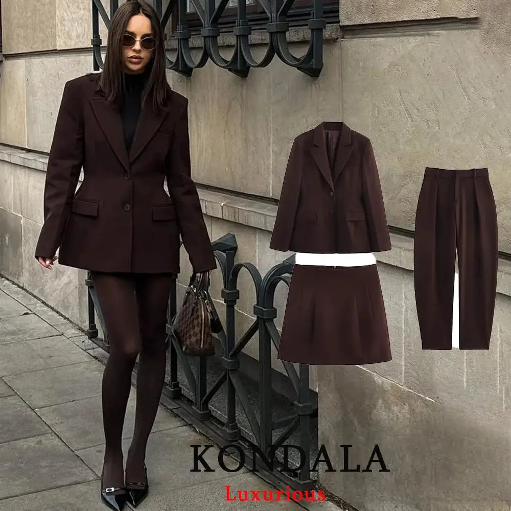 KONDALA burgundy three-piece women's suit set with blazer, skirt, and pants