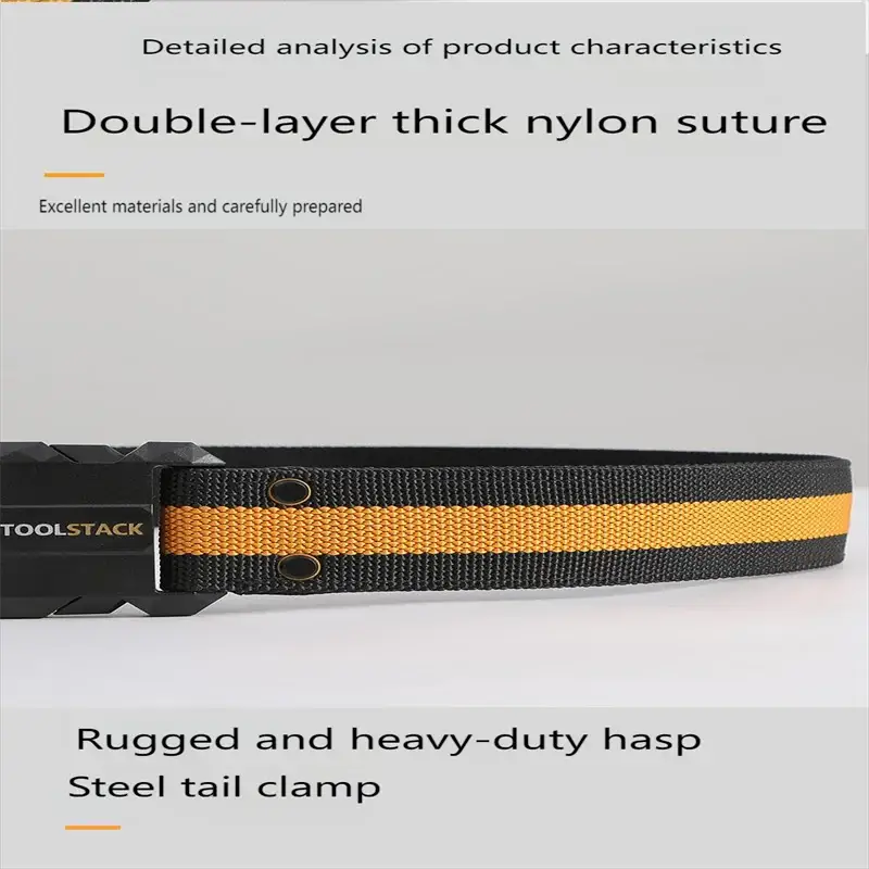 TOOLSTACK work belt with quick-release steel buckle and orange striped nylon strap