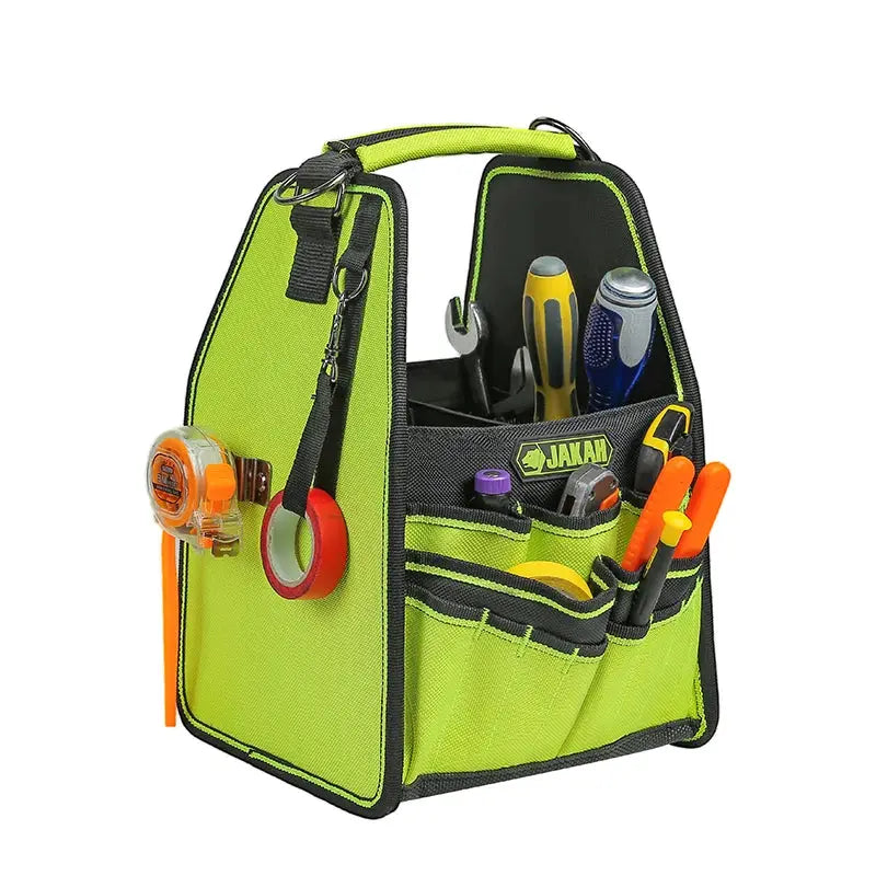 Simples Market 35-pocket tool tote with handle, green and black, water-resistant, JAKAH logo on pocket.