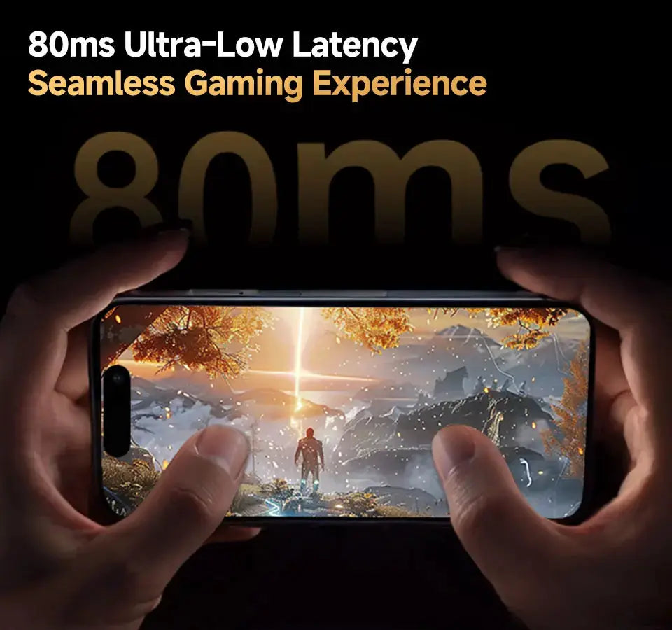 QCY MeloBuds Pro wireless earbuds promo banner; hands hold a smartphone playing a game with 80ms latency