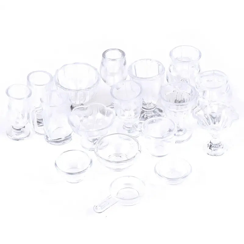 Seventeen Piece Transparent Dollhouse Kitchenware Set For DIY Pretend Play Miniature Cups Plates Dishes Bowls
