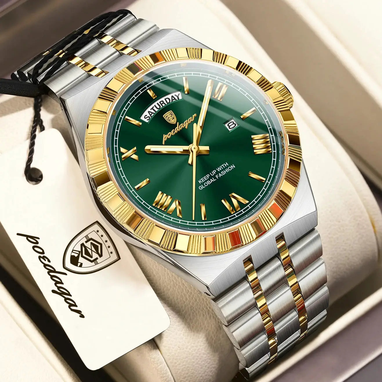 POEDAGAR men's fashion wristwatch with green dial, two-tone stainless steel band, gold bezel, day-date window