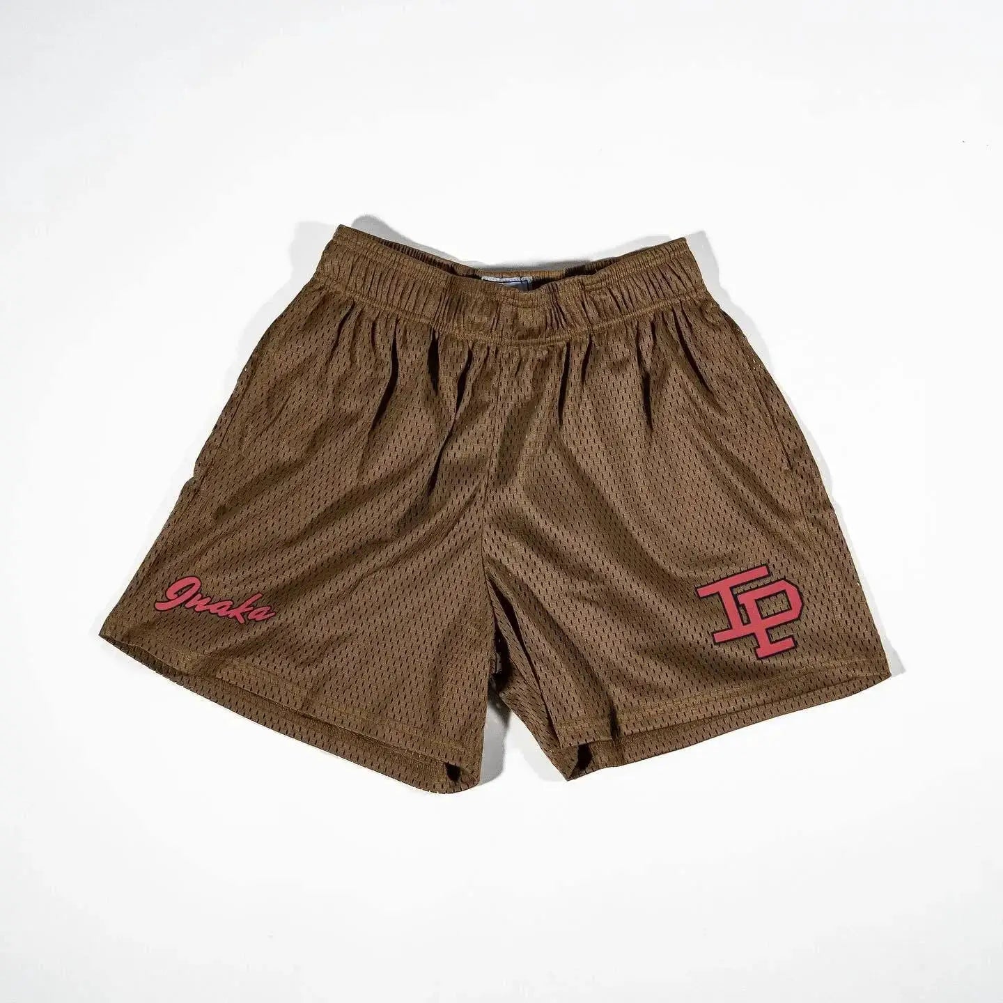 Mens motorcycle shorts brown mesh quick-dry athletic shorts with elastic waistband and pink logos