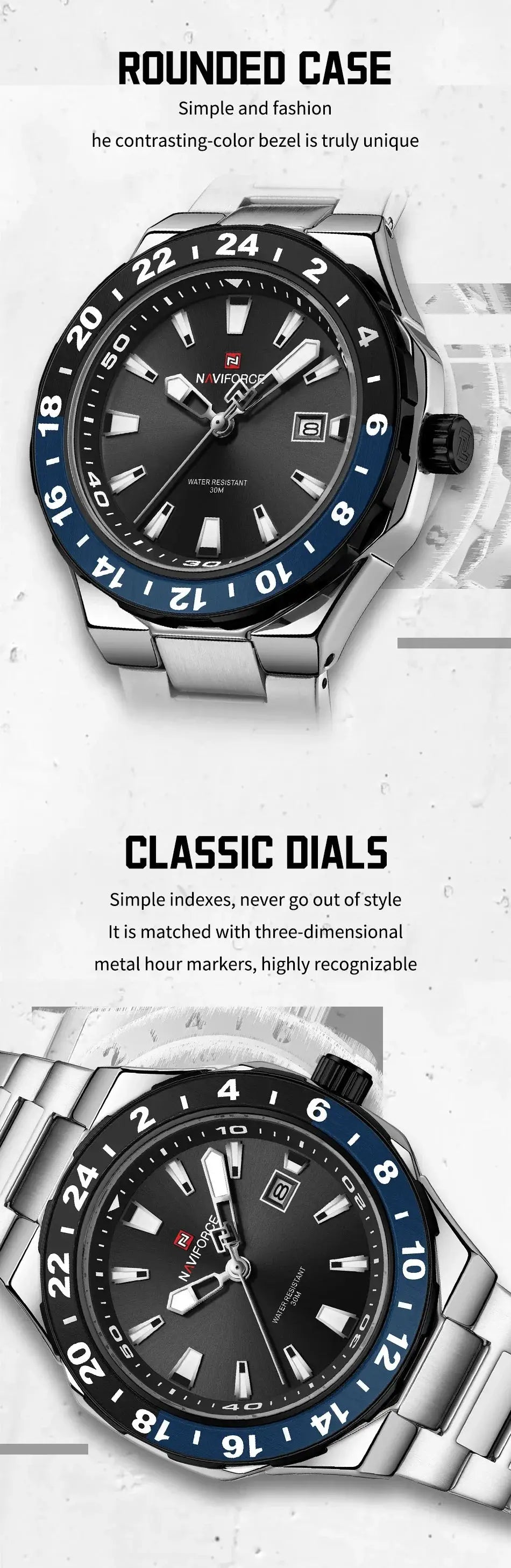 NAVIFORCE luxury sports quartz wristwatch, stainless steel with blue bezel, black dial, date window, set of 2