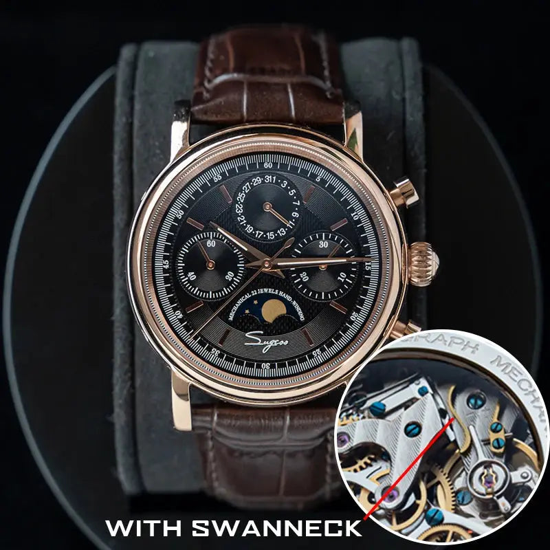 Sugess men’s wristwatch ST1908 with swanneck movement, mechanical chronograph, moonphase calendar, brown leather strap, rose-gold case