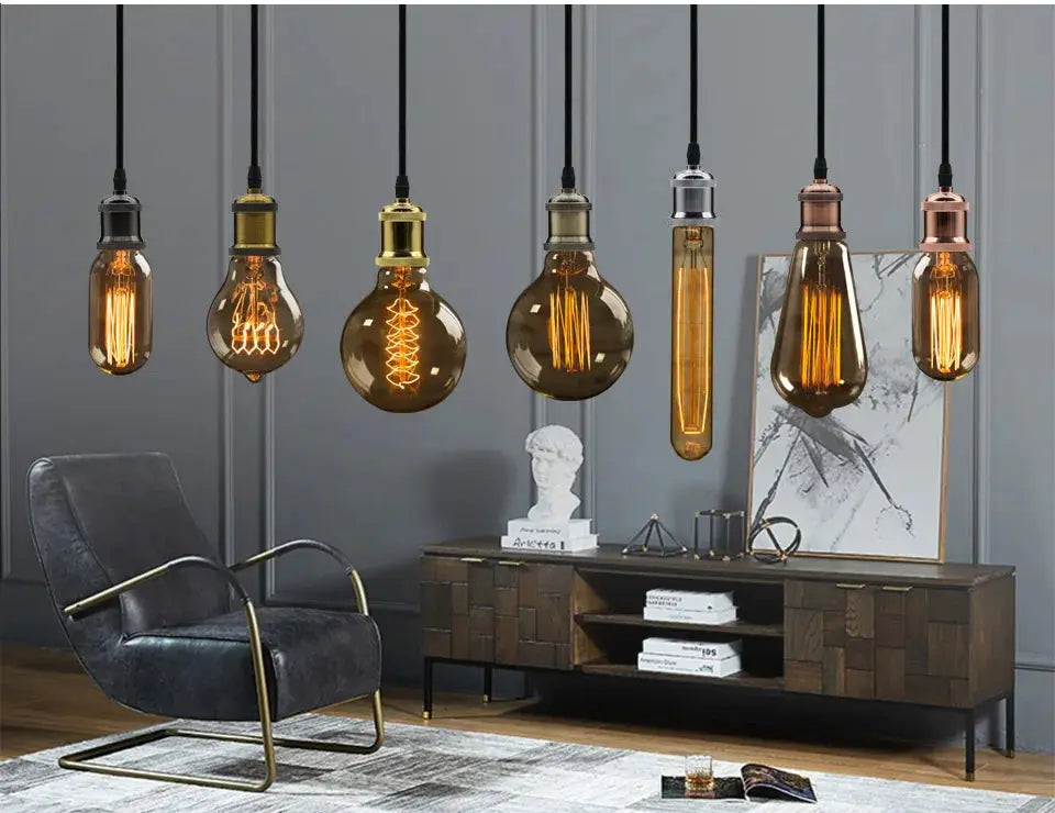 Simples Market aluminum pendant lights; industrial vintage amber glass lamps, set of eight with E27 sockets, 90–265V