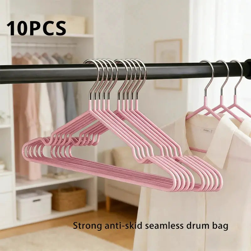 Clothes hangers set, 10pcs pink nano-coated non-slip, dual-use for wardrobe and laundry.