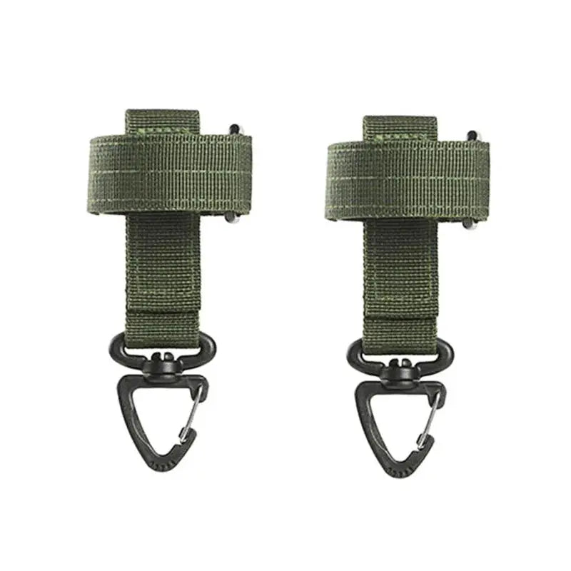 Two olive green nylon strap clips with metal carabiner hooks