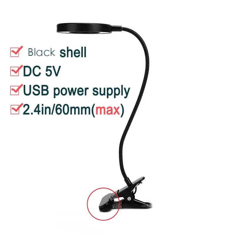 LED ring clamp lamp with flexible gooseneck, USB-powered, black shell, 360° rotatable desk light for nail care