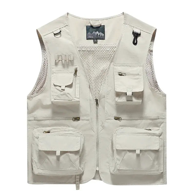 Simples Market beige outdoor fishing vest with multiple pockets, zippers and mesh panels.