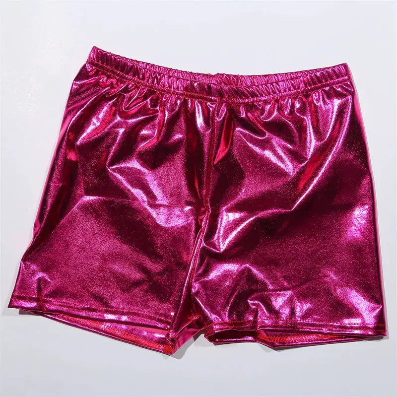 Women's pink metallic PU yoga shorts with elastic mid-waist band