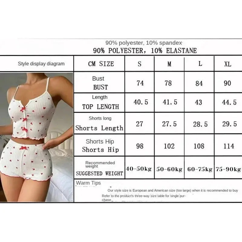 LunaLuxe Women Pajama Set Heart Print Soft Ribbed Fabric Cami Top And Shorts With Flirty Frill Trim