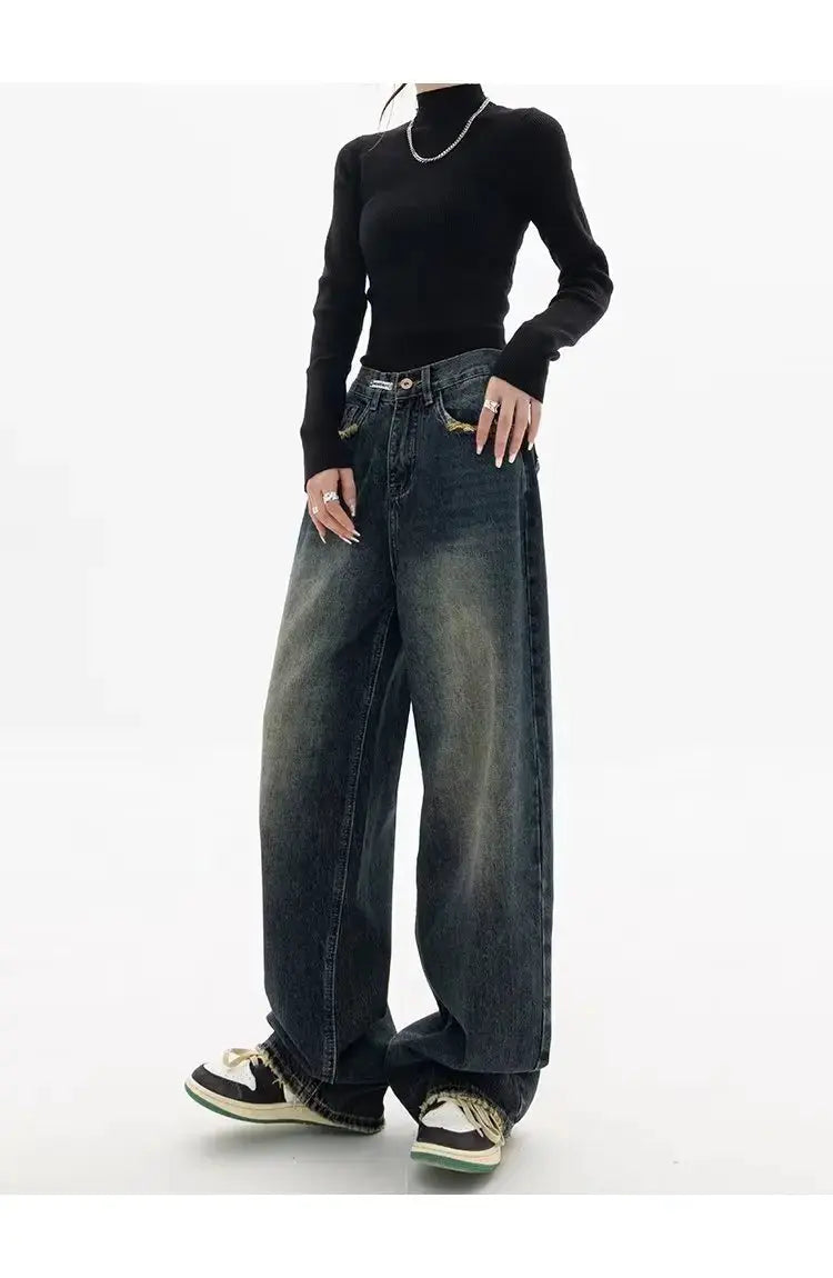 High Waist Wide Leg Jeans Women Harajuku Vintage BF Style Denim