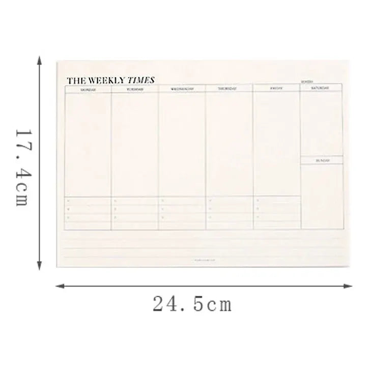 Weekly planner page in cream, undated layout with daily columns, 24.5x17.4 cm.