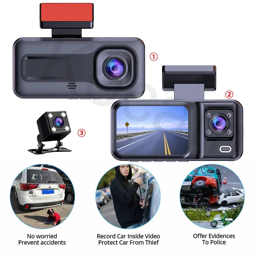 Simples Market 3-channel car dash cam with 1080P front, interior and rear cameras, black box DVR