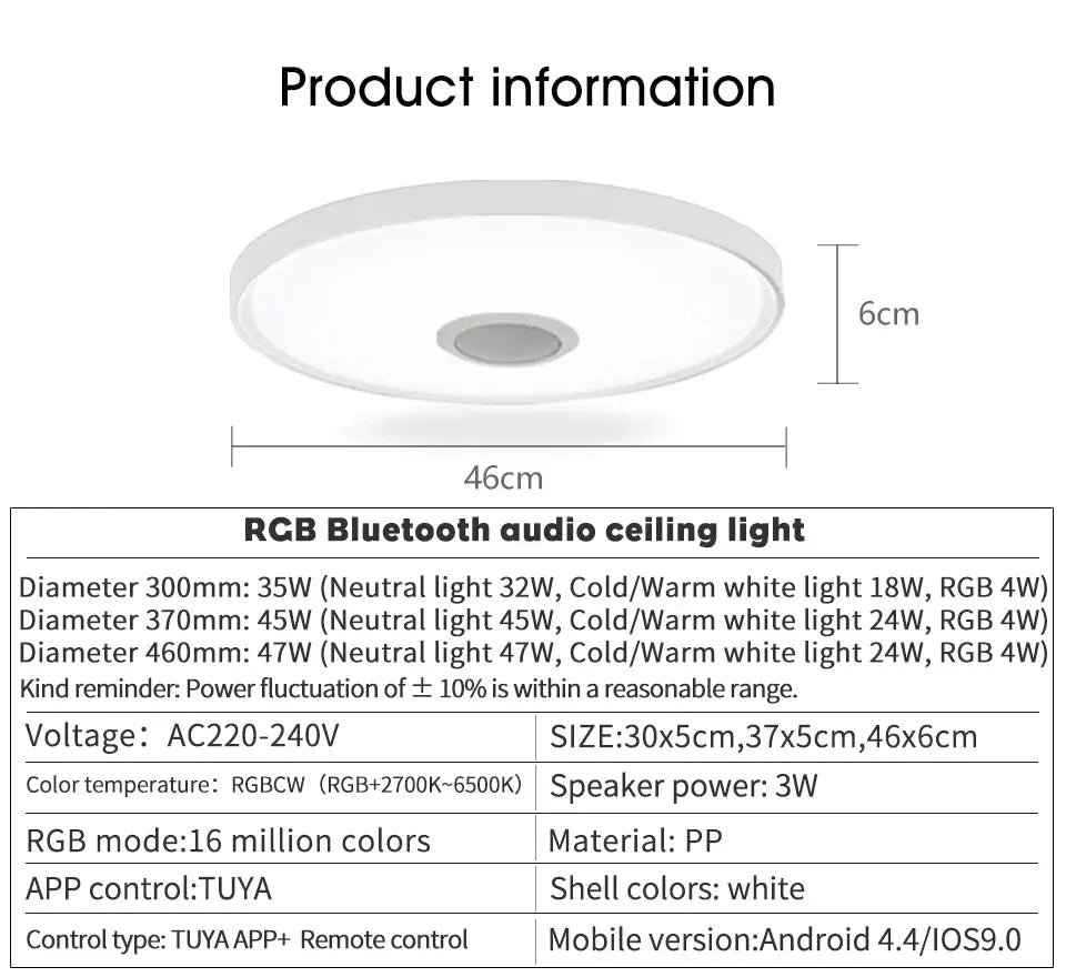 LED Smart RGB ceiling light with speaker by Simples Market; white circular fixture, 46 cm diameter, 6 cm height