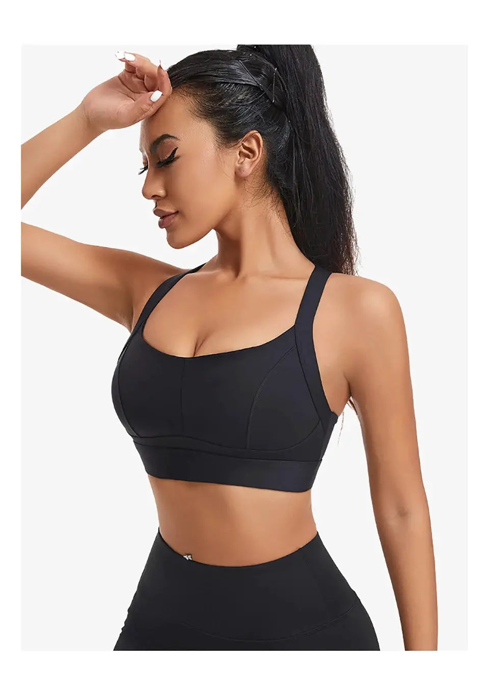 Women's black high-impact sports bra with padding and criss-cross back for workouts