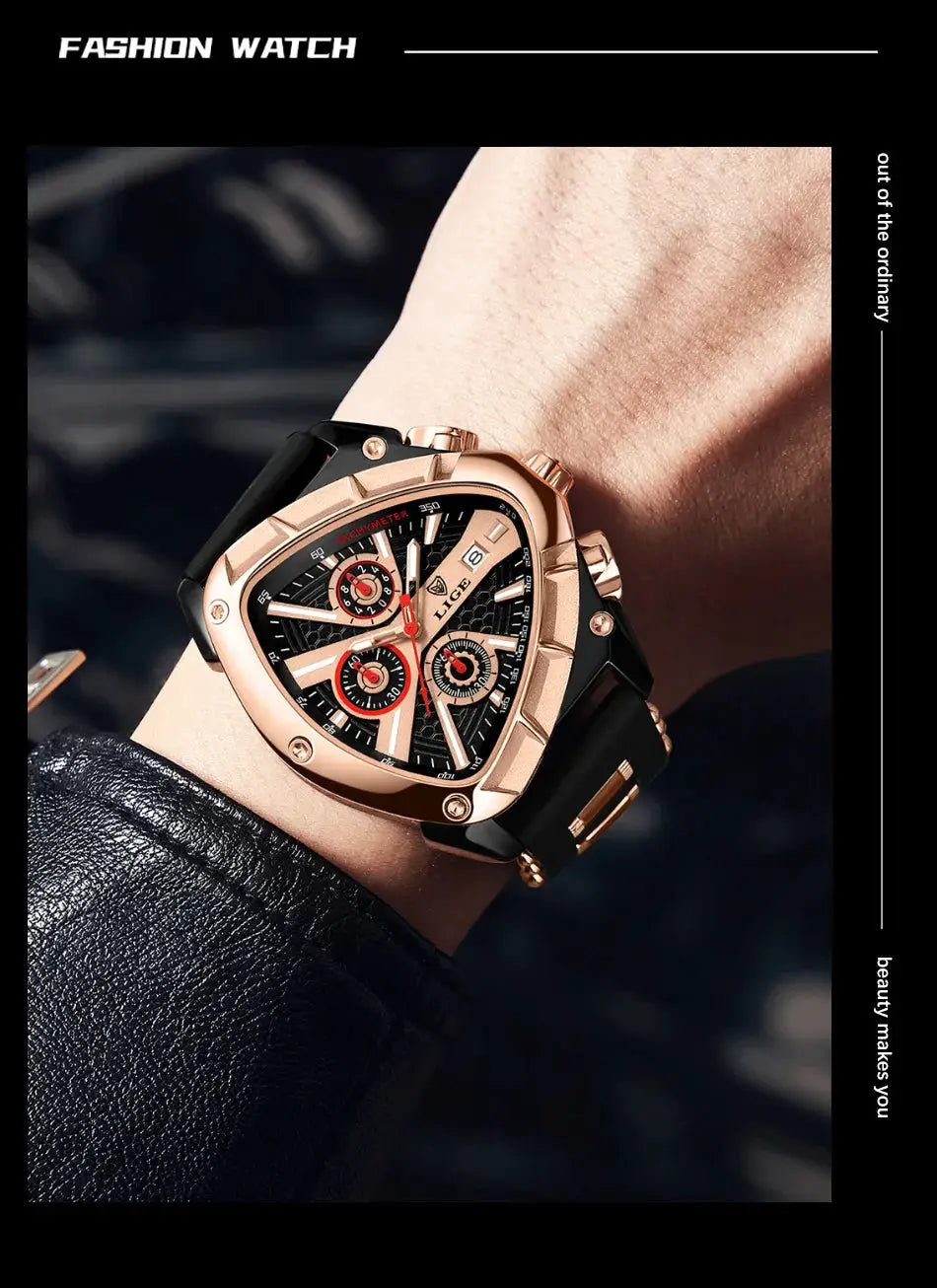 LIGE original luxury men's wristwatch with rose-gold case, black strap and chronograph dial