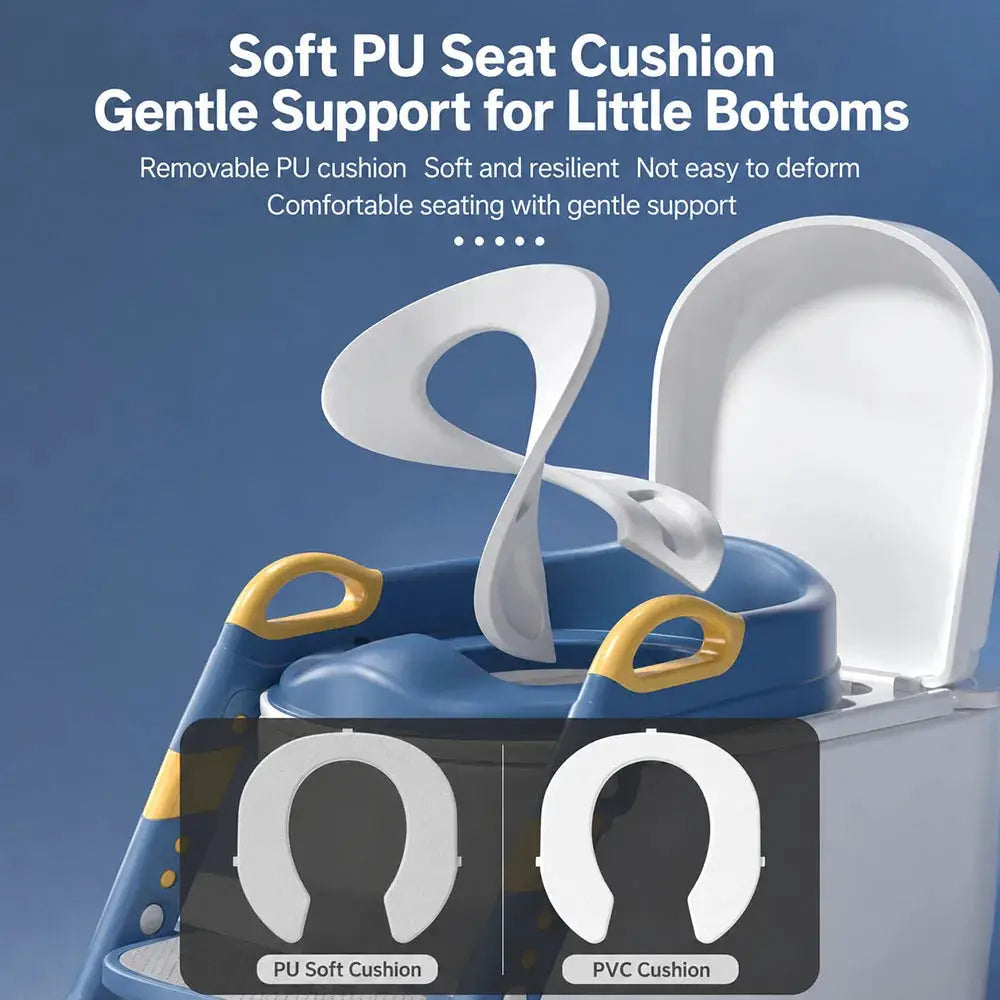 Children's toilet training seat by Simples Market, foldable blue base with white seat and yellow handles