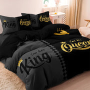 Simples Market 3pc queen/king crown-printed bedding set in black and gray with gold accents; duvet cover and pillowcases