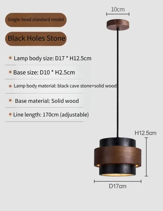 Simples Market pendant lamp, black cave stone and solid wood, 17cm dia x 12.5cm, adjustable 170cm cord