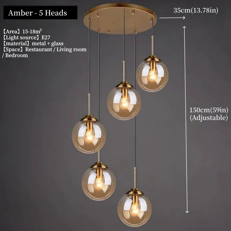 Amber glass five-light pendant chandelier with metal frame, Simples Market, adjustable 150 cm