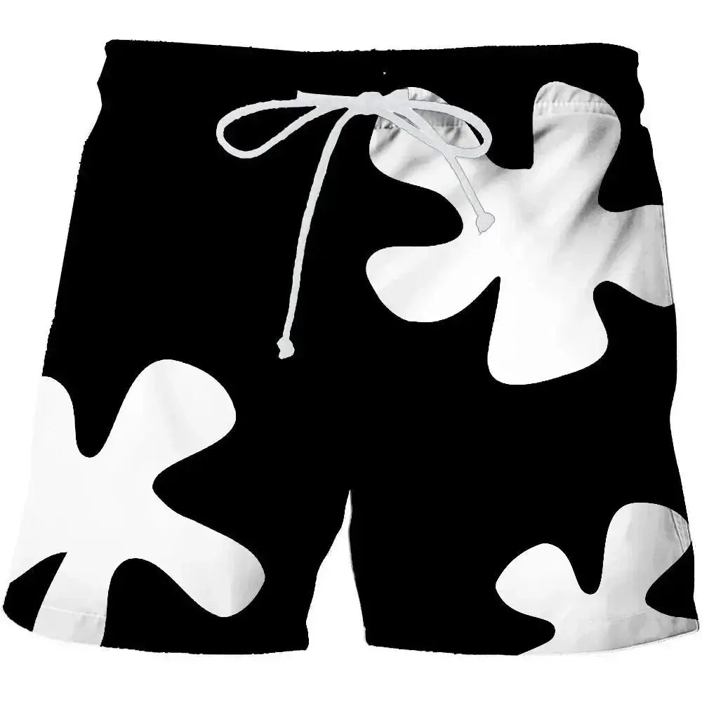 Simples Market board shorts, black quick-dry swim trunks with white abstract pattern and drawstring waist