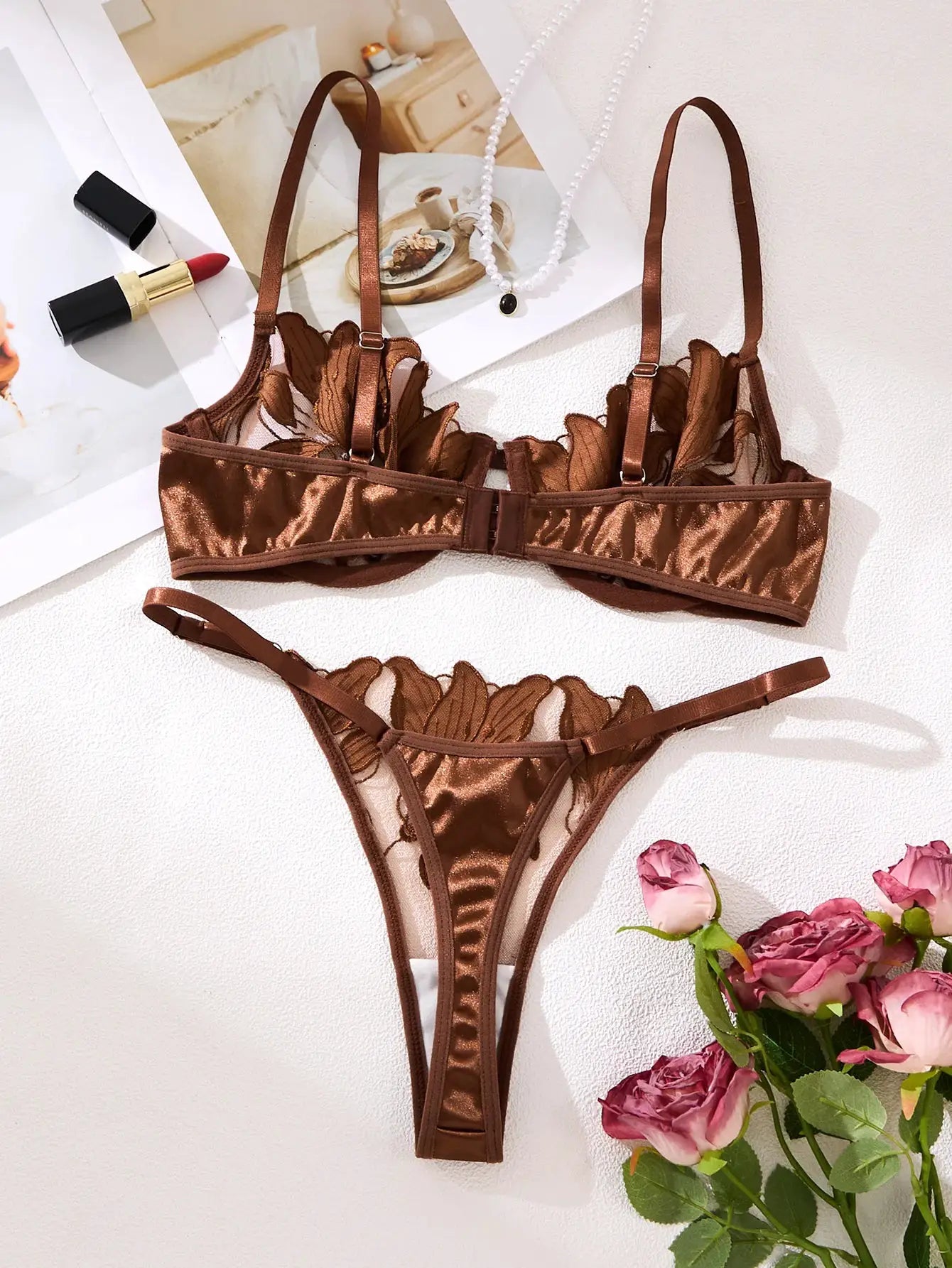 LunaLuxe Coffee Colored Embroidered Floral Pajama Set With Push Up Bra For Comfort And Elegant Embroidery