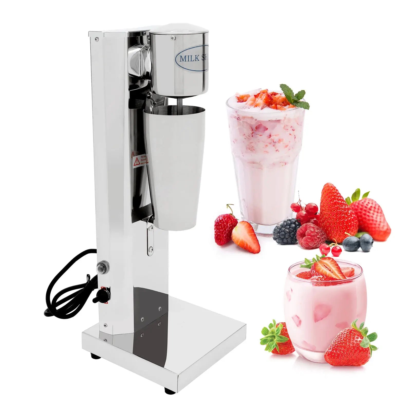 Simples Market 180W 650ml stainless steel milkshake machine with pink strawberry milkshake beside berries