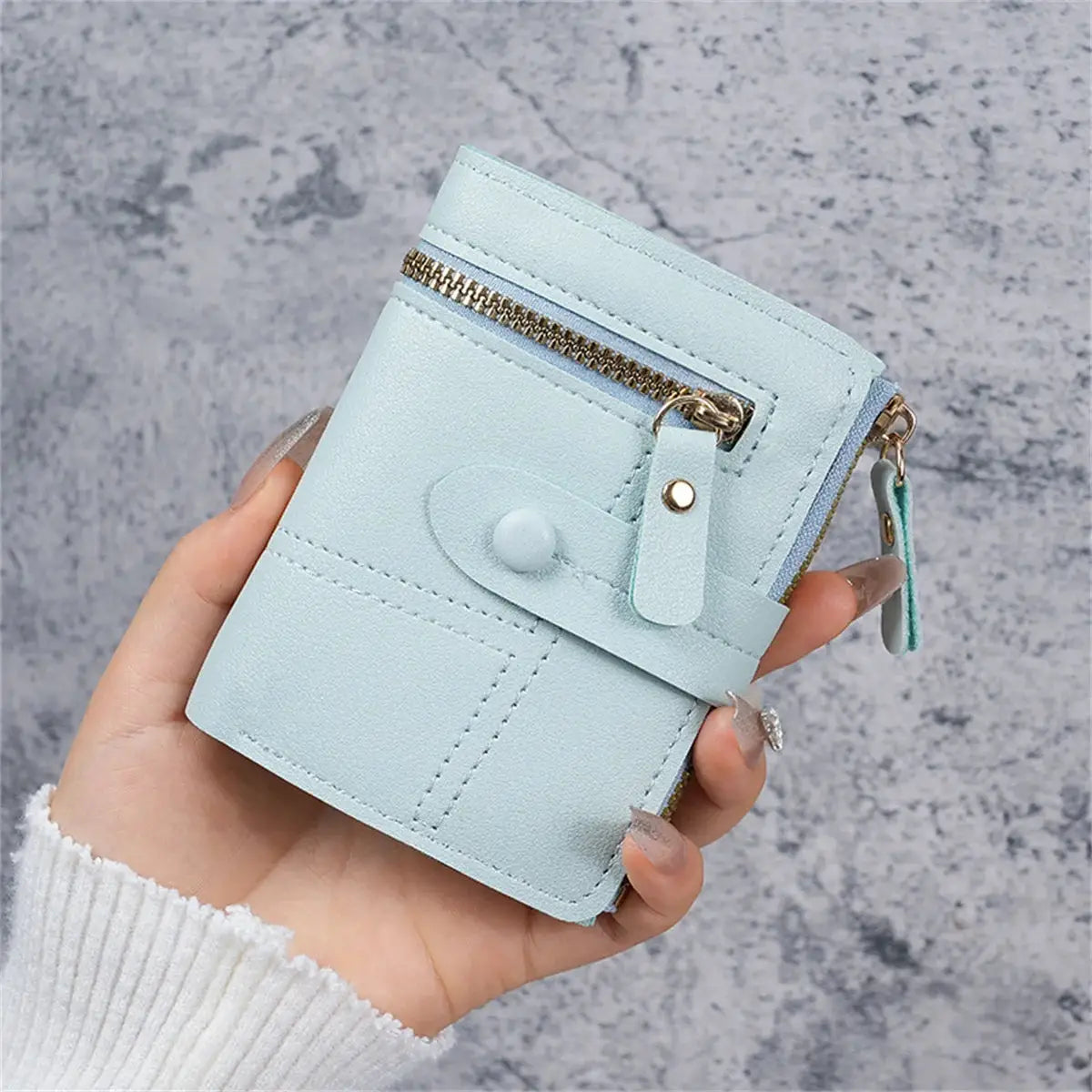 Simples Market light blue button wallet for women, slim wallet with zipper pocket and card clip