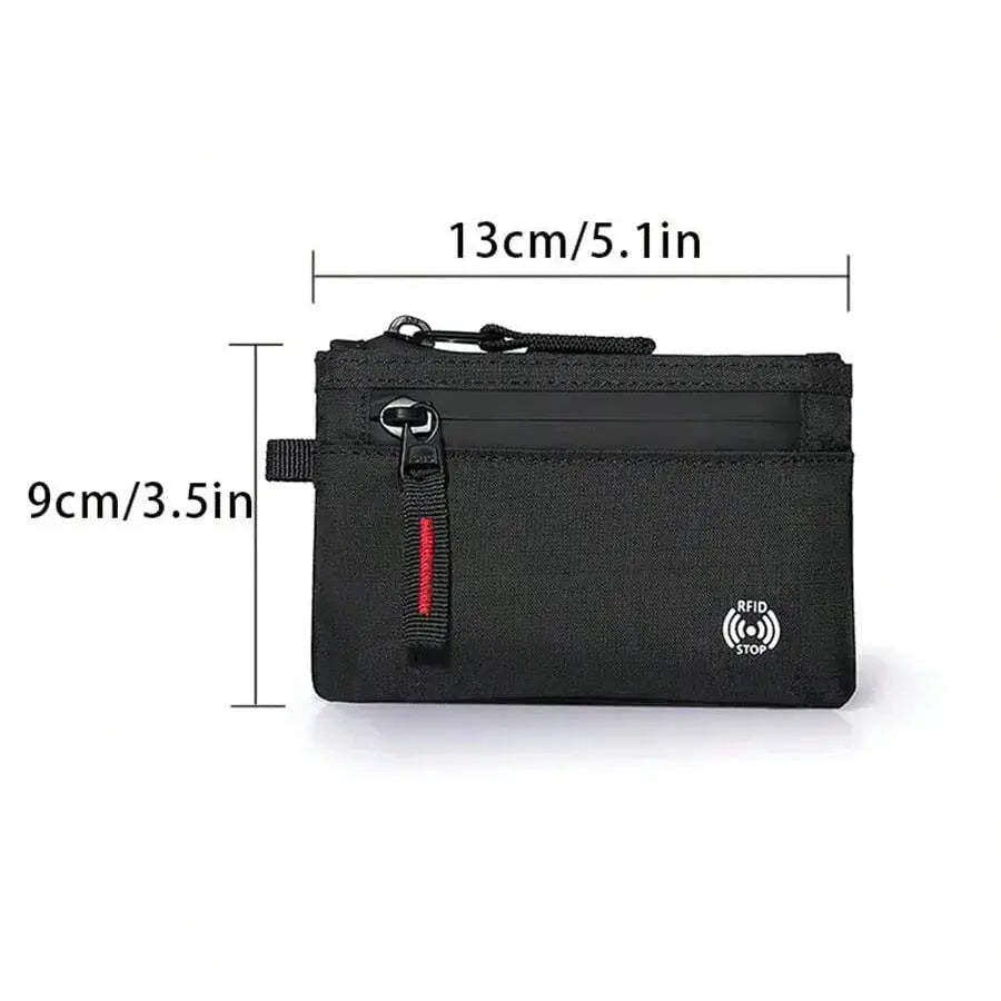 Black RFID credit card holder with carabiner; slim nylon wallet for men.