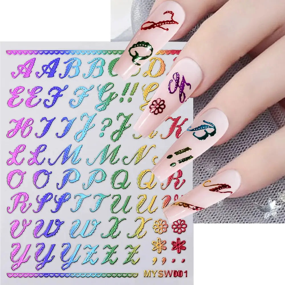 3D Roman letter nail stickers sheet with holographic gold, silver, and colored decals; self-adhesive by Simples Market