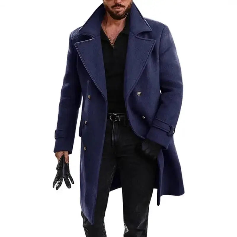 Men's navy wool-blend double-breasted long trench coat by Simples Market