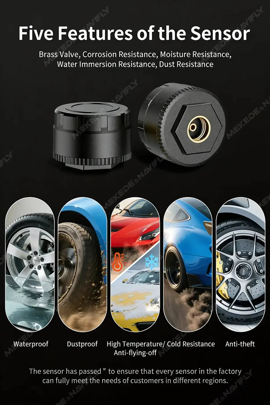 Navifly TPMS sensor pair by Simples Market; two black sensors with brass valve, waterproof and dustproof
