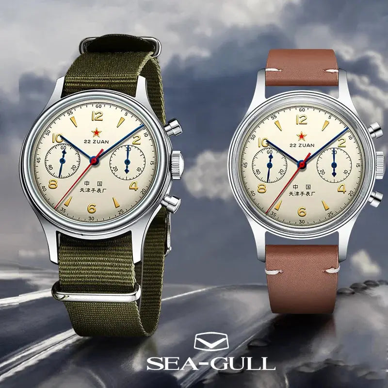Sea-Gull 1963 men's chronograph watches, cream dials, two watches with olive green NATO and brown leather straps.