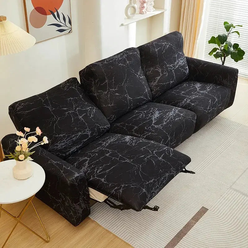 Elastic recliner sofa cover with black marble pattern on a three-seat living room sofa