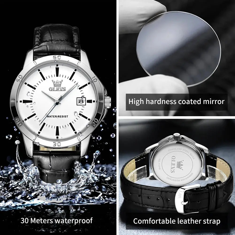 OLEVS men's wristwatch with white dial, black leather strap, 30m water resistant