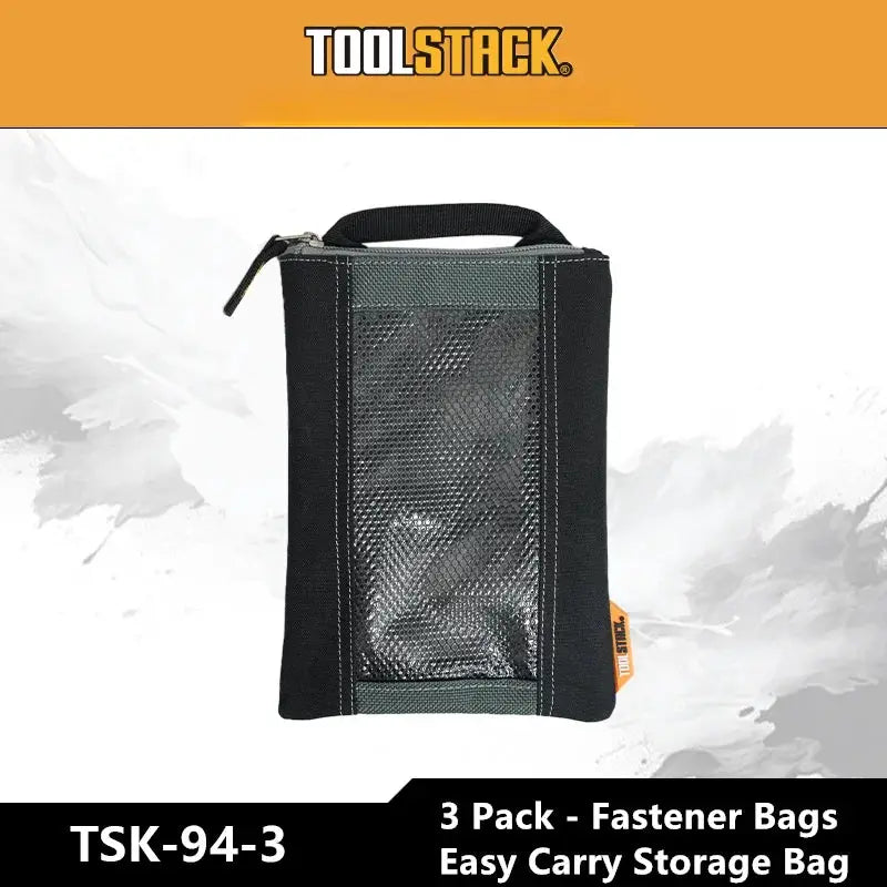 TOOLSTACK 3-pack fastener bags; black suspension storage pouch with mesh front panel, carry handle
