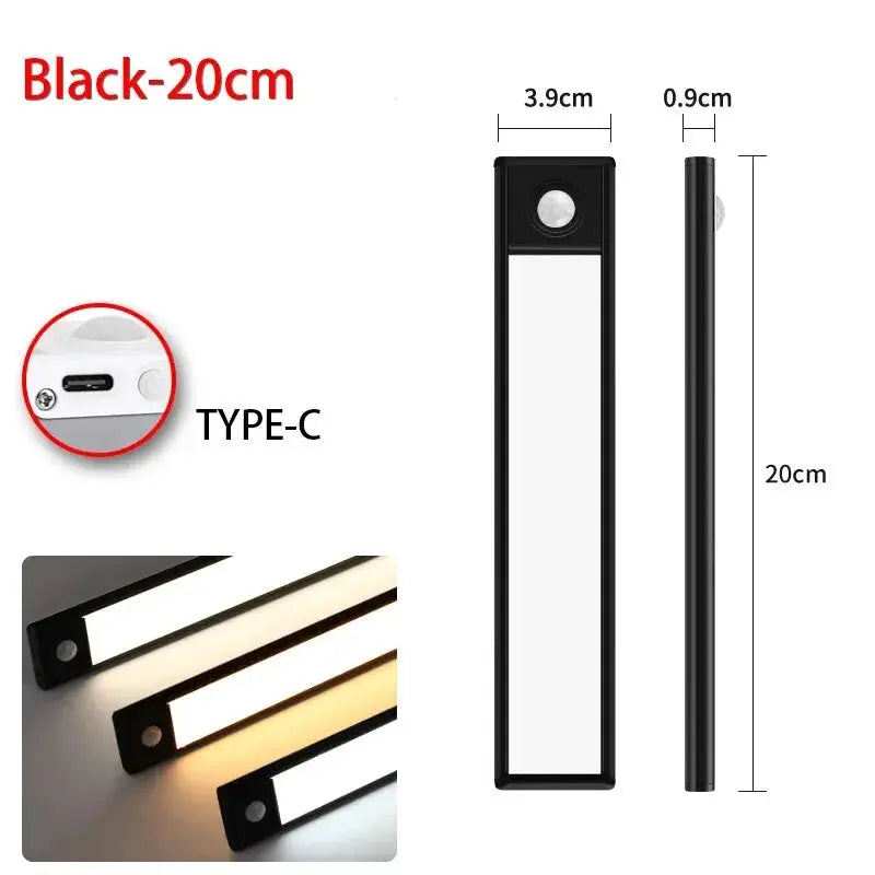 LED motion sensor night light Simples Market, black 20cm under-cabinet USB Type-C powered with warm/cool light options.