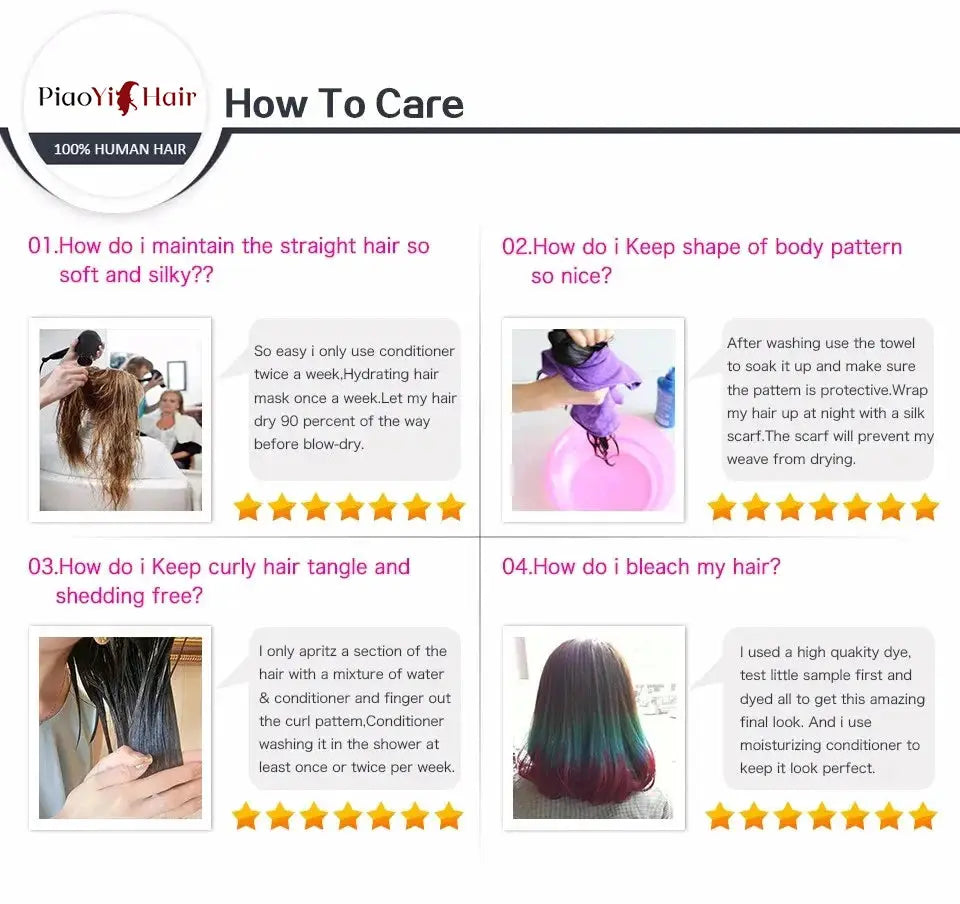 Body Wave human hair care infographic by PiaoYi Hair with 4 care tips and photos