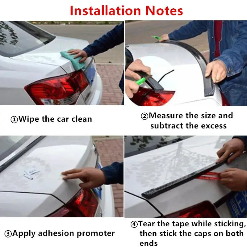 Universal 5D Carbon Fiber Car Spoiler DIY Styling Wing; installation steps collage by Simples Market
