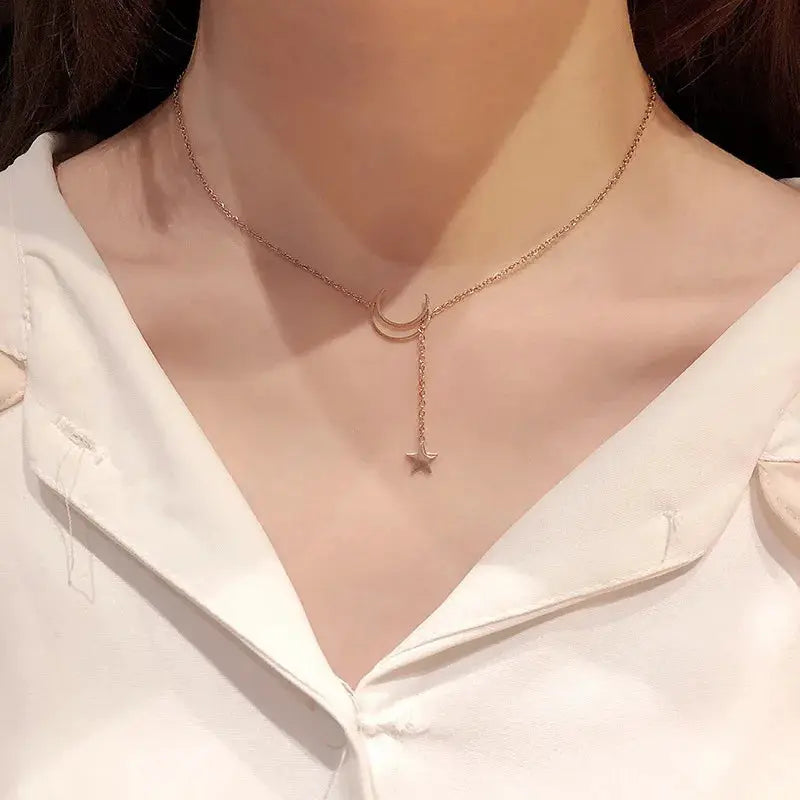 Moon and star pendant choker necklace in gold-tone alloy chain for women