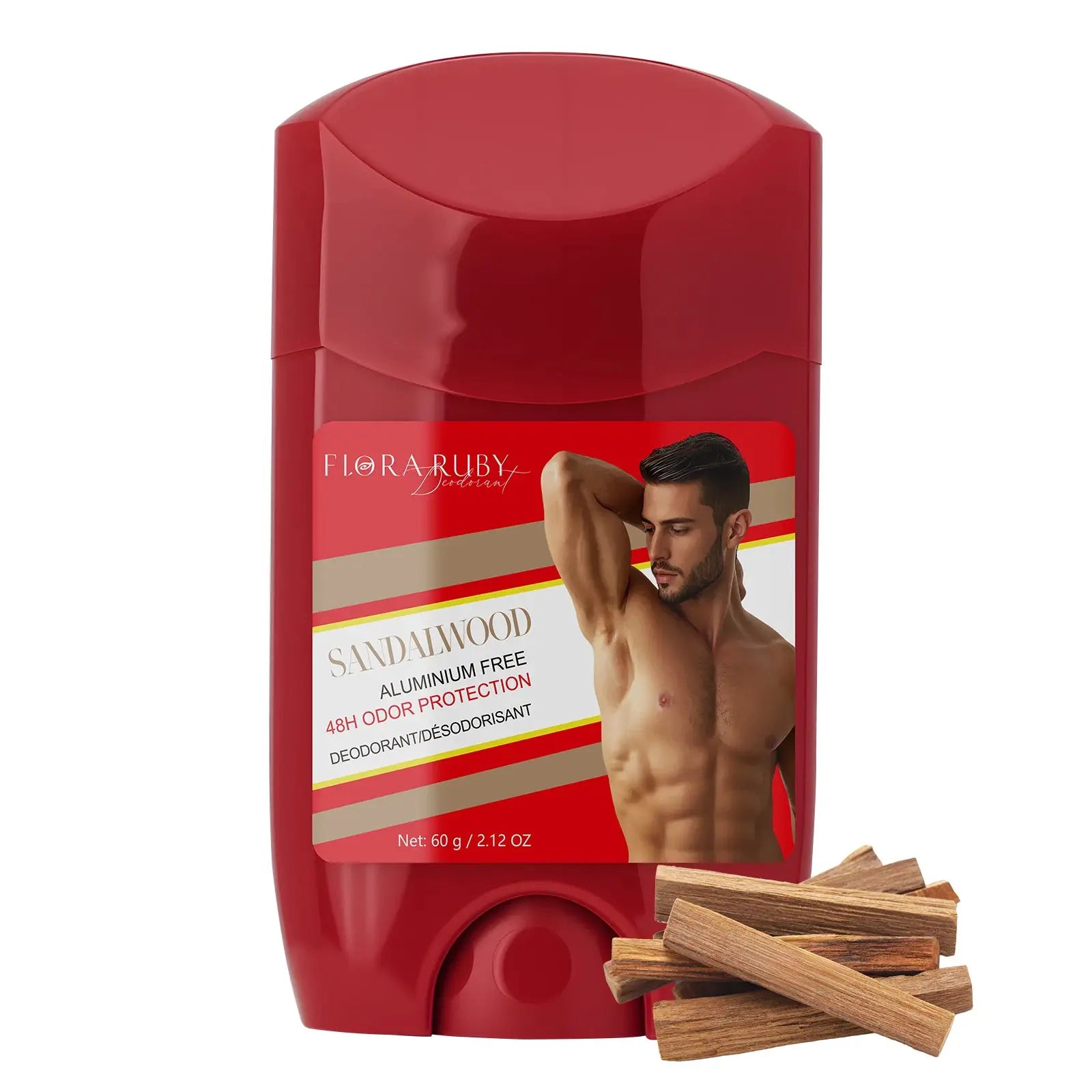 Flora Ruby sandalwood deodorant bottle, red plastic container, aluminum-free 60 g