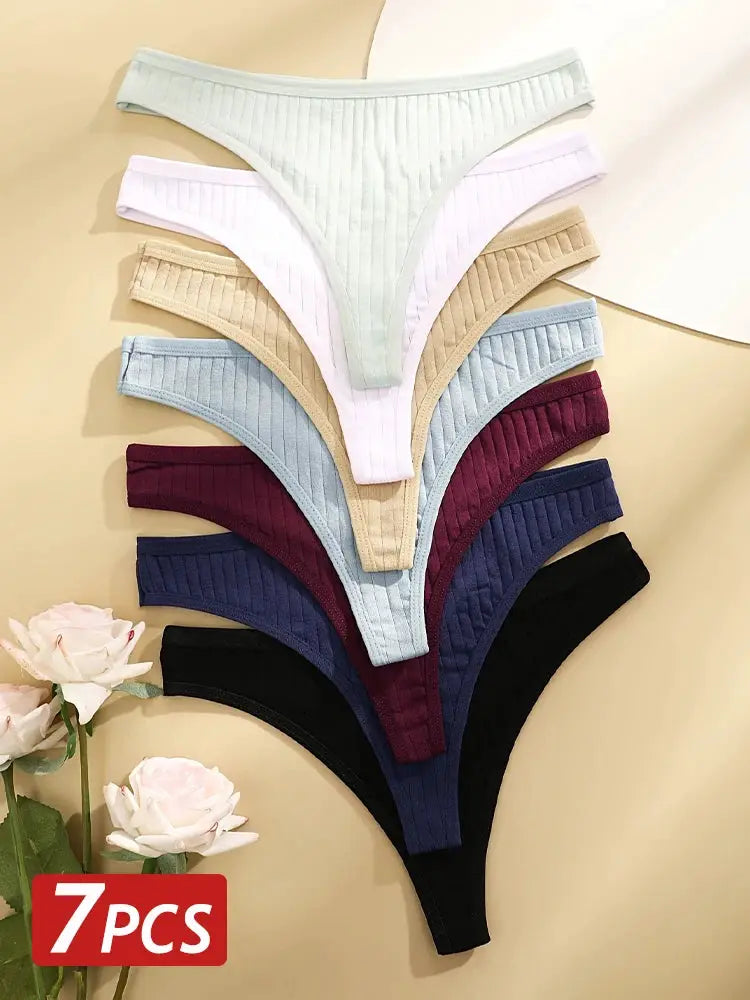7pcs women ribbed cotton thong panties by Simples Market in assorted colors