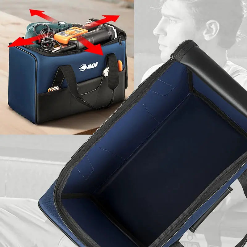 Heavy Duty Polyester Tool Bag by Simples Market in blue with black base and handles, tools inside