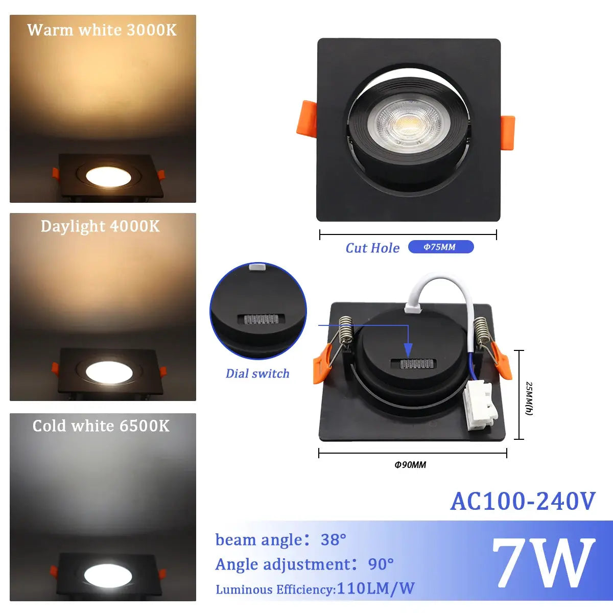 LED ceiling spotlight, black square trim, 7W, 100–240V AC, adjustable 90°, color temps 3000/4000/6500K, Simples Market