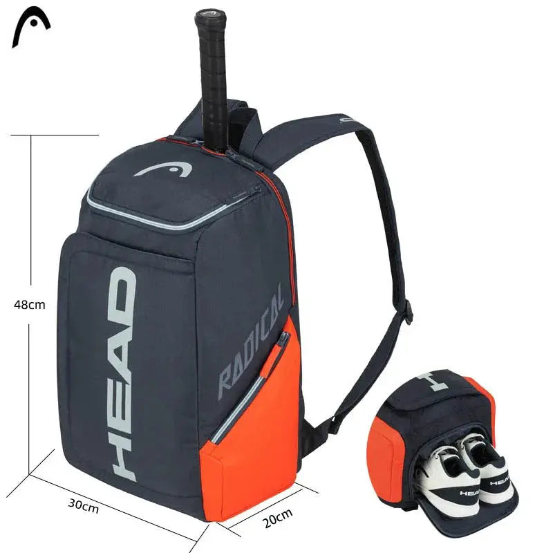 2-piece HEAD Radical tennis backpack and shoe bag set in navy with orange accents.