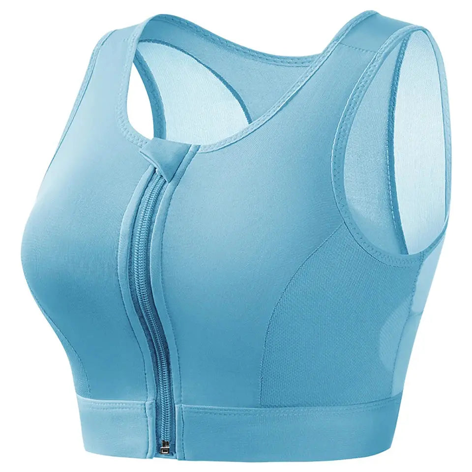 Plus-size blue front-closure longline padded sports bra for running and gym